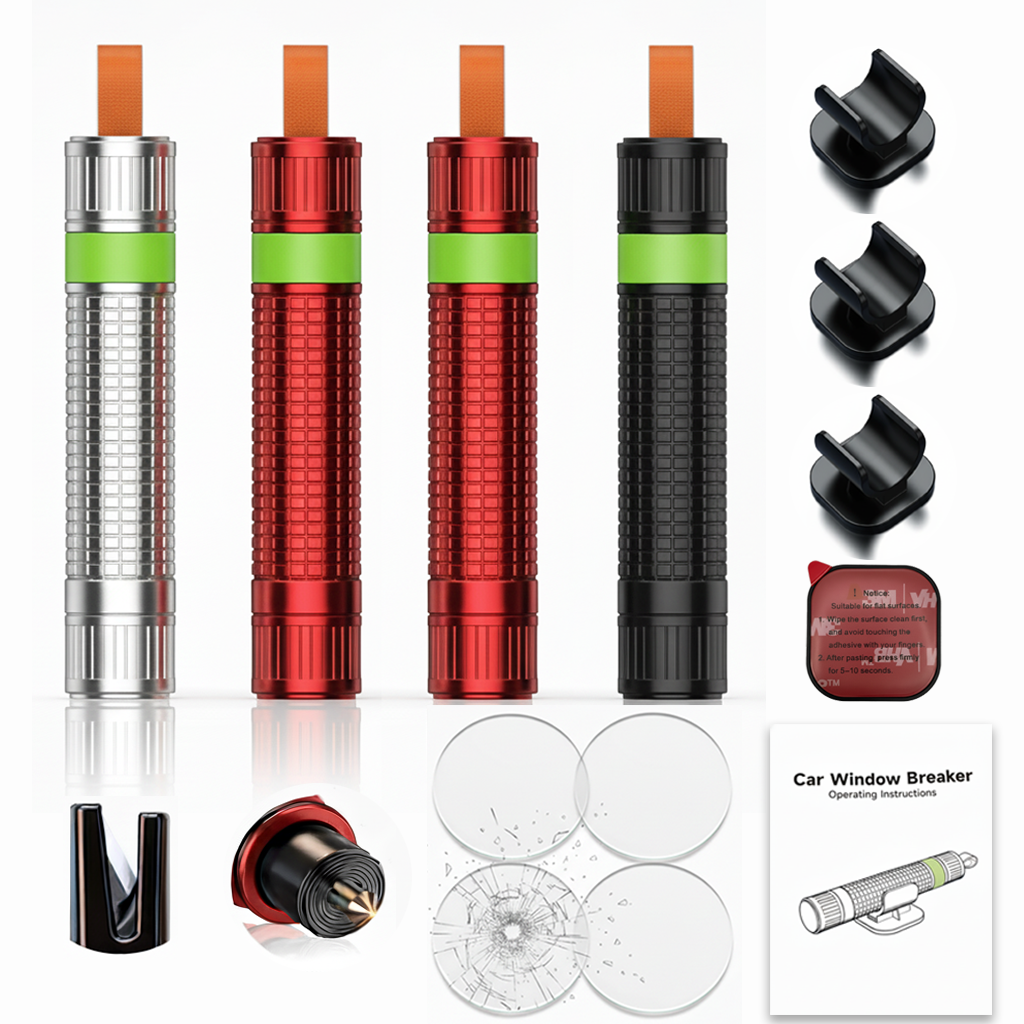 Oulores 4 Pack Window Breaker Seatbelt Cutter, Luminous Aluminum Car Safety Hammer, Spring Loaded Underwater Glass Breaker, 2-in-1 Emergency Escape Tool with Test Glass