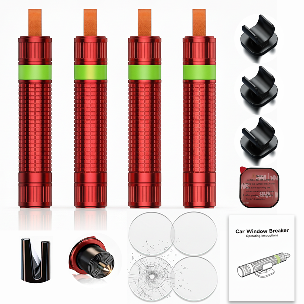 Oulores 4 Pack Window Breaker Seatbelt Cutter, Luminous Aluminum Car Safety Hammer, Spring Loaded Underwater Glass Breaker, 2-in-1 Emergency Escape Tool with Test Glass