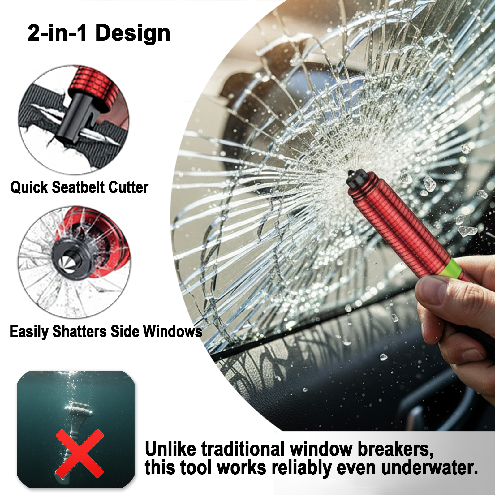 Oulores 4 Pack Window Breaker Seatbelt Cutter, Luminous Aluminum Car Safety Hammer, Spring Loaded Underwater Glass Breaker, 2-in-1 Emergency Escape Tool with Test Glass