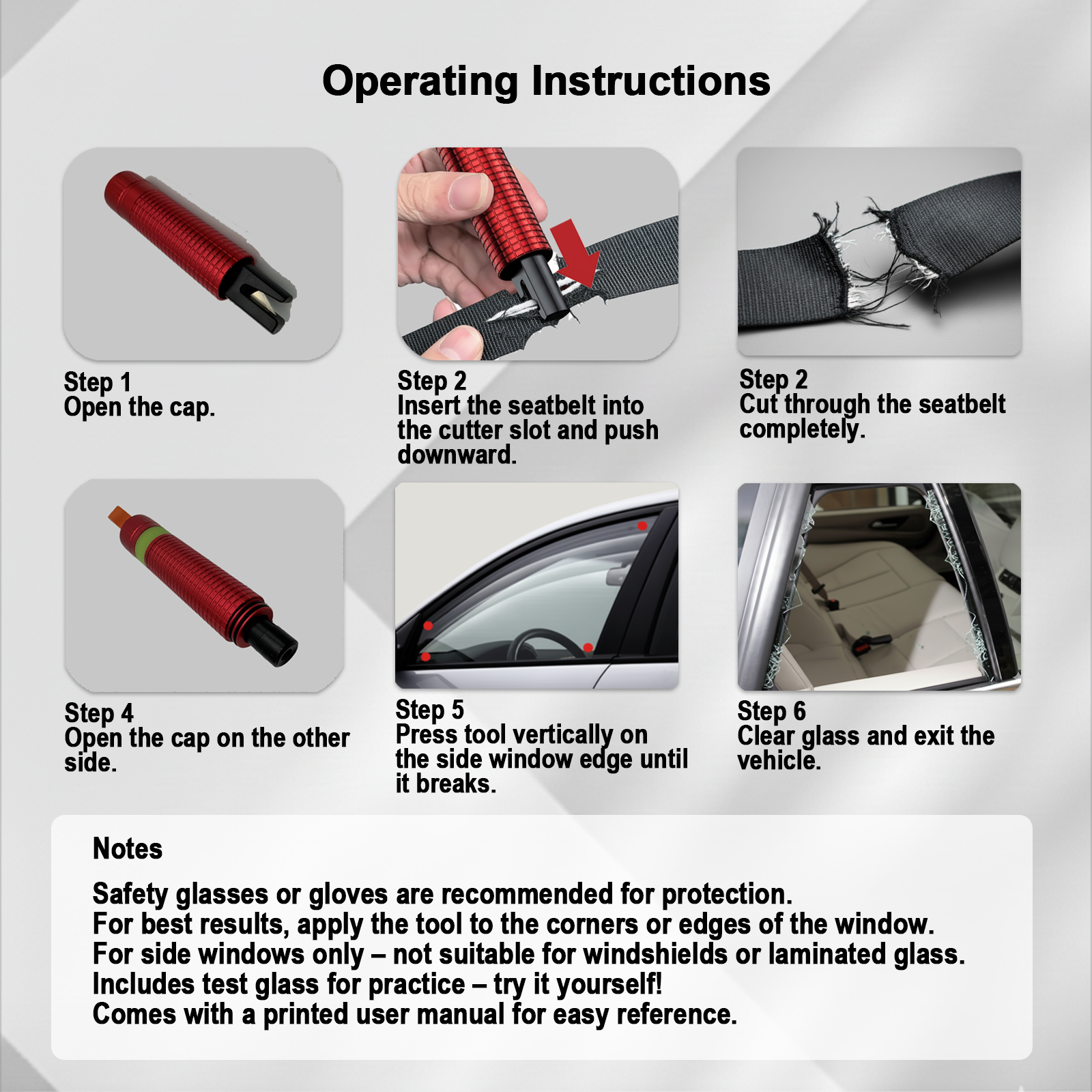 Oulores 4 Pack Window Breaker Seatbelt Cutter, Luminous Aluminum Car Safety Hammer, Spring Loaded Underwater Glass Breaker, 2-in-1 Emergency Escape Tool with Test Glass